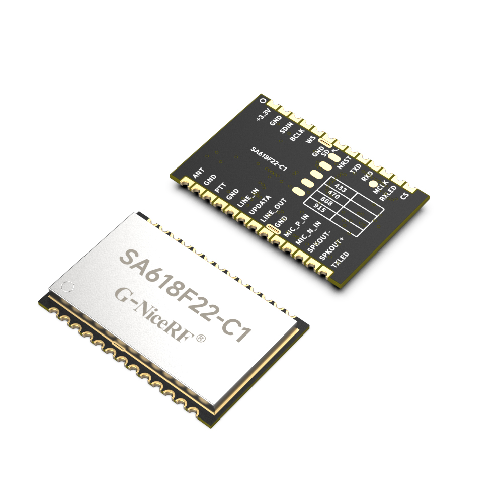 SA618F22-C1是我司一款升級(jí)版的無(wú)線(xiàn)數(shù)字和音頻二合一的全雙工傳輸模塊，具有更短的延時(shí)時(shí)間，同時(shí)支持8人同時(shí)高音質(zhì)通話(huà)。模塊支持多路并發(fā)并收功能，支持多級(jí)的中繼遠(yuǎn)傳、空中升級(jí)或者串口升級(jí)。模塊采用了寬帶擴(kuò)頻技術(shù)，具有功耗低、距離遠(yuǎn)、頻率調(diào)節(jié)靈活等特點(diǎn)。